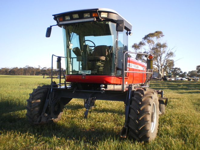 Massey Ferguson 9635 Windrow Tractor 2009 with 16 ft Razor Bar 4 Steel Roller Conditioner Front. 2012