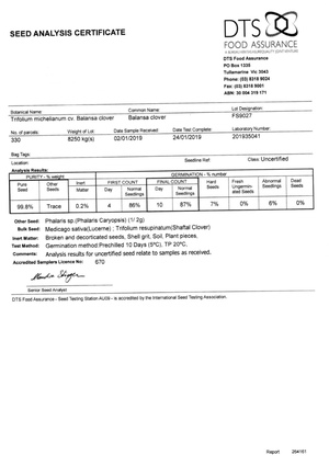 Balansa clover seed, cleaned & tested, in 25 kg bags @ $3.75/kg.