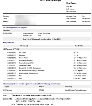 250mt Ryegrass/Clover Hay 640kg 8x4x3 Bales