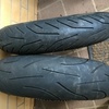 Motorbike front and rear wheels and road tyres