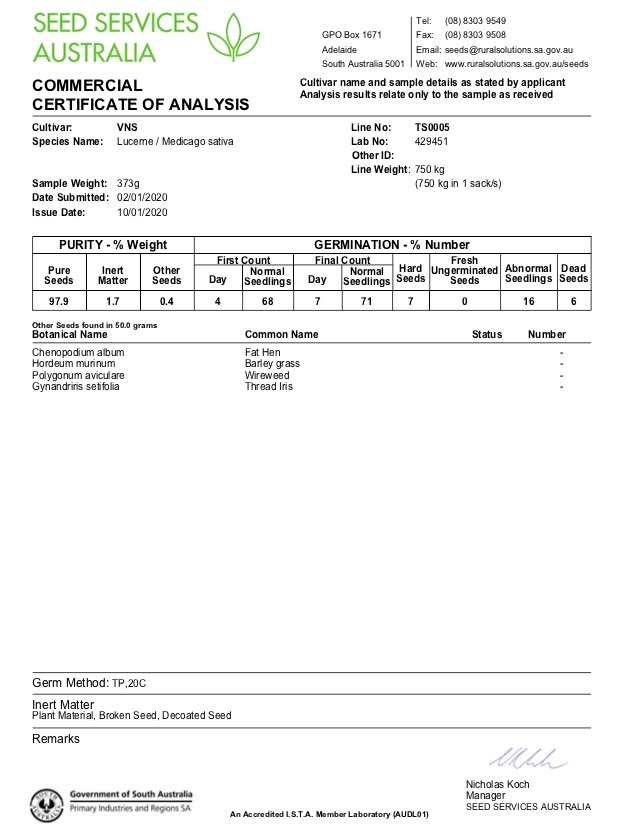 Lucerne Seed Seconds Cleaned & Tested @ $3.60/kg
