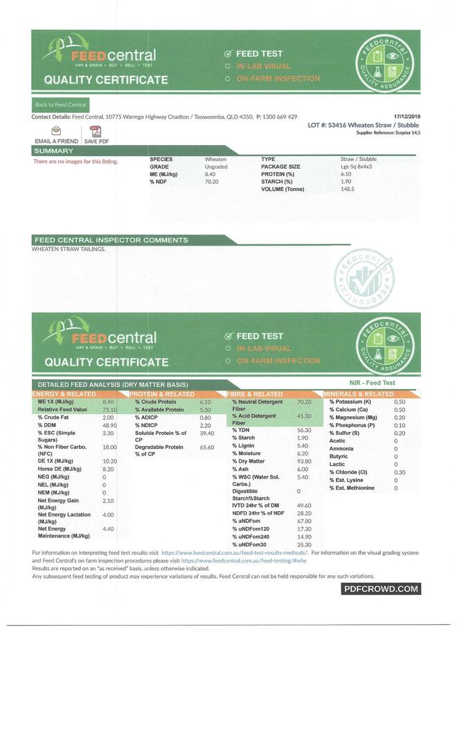 100mt Wheaten Tailings Straw 8x4x3 Bales (High Protein)