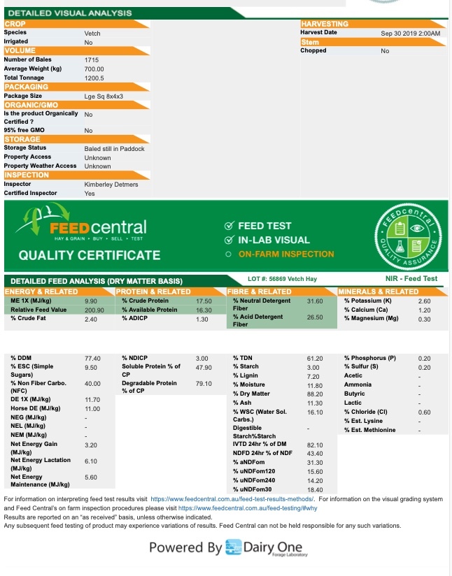 200mt Vetch Hay 700-800kg 8x4x3 Bales