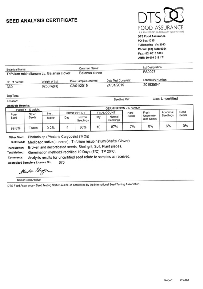 Balansa clover seed, cleaned & tested, in 25 kg bags @ $3.75/kg.