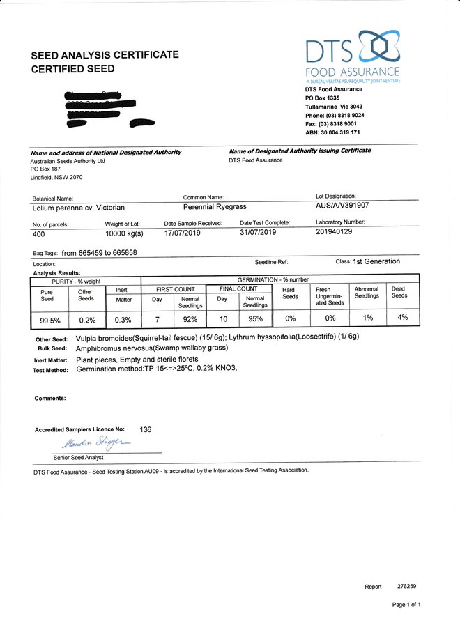 Victorian Perennial Ryegrass