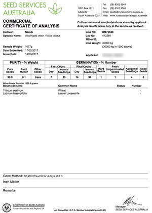 Namoi vetch seed, top quality, in 25 kg bags.
